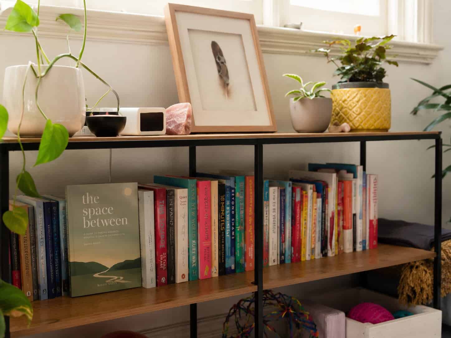 Bookshelf of trauma, mindfulness, and self-help books in Nicole's Newtown therapy practice