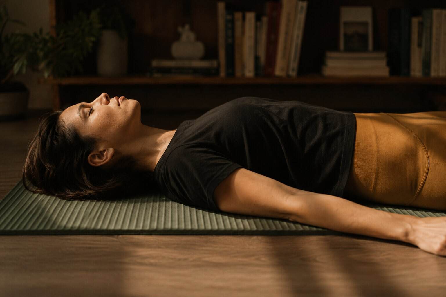 Woman resting on a yoga mat with eyes closed, practicing nervous system regulation during Somatic Experiencing therapy